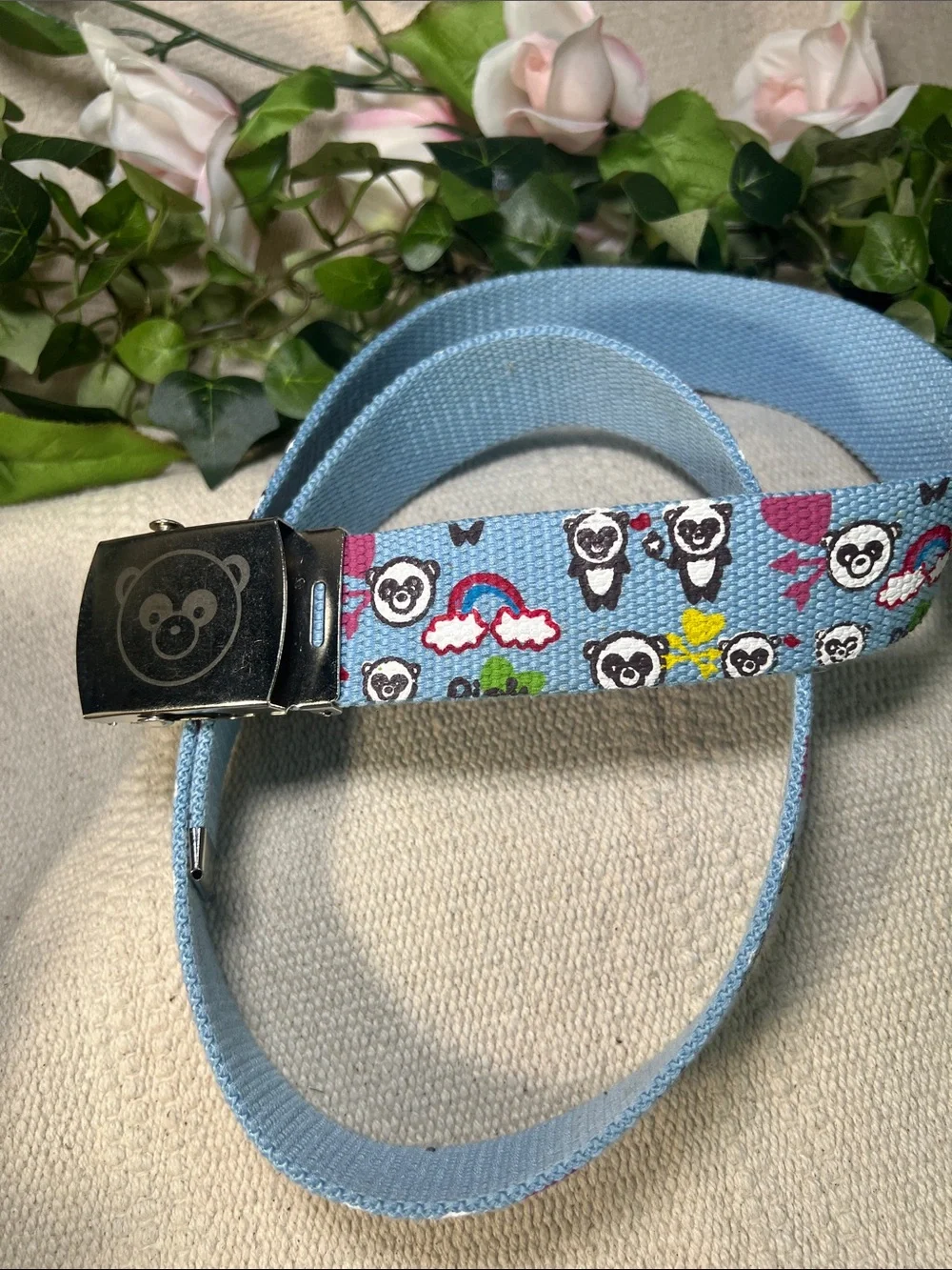 🔥Vintage Light Blue Canvas Belt with Panda Buckle